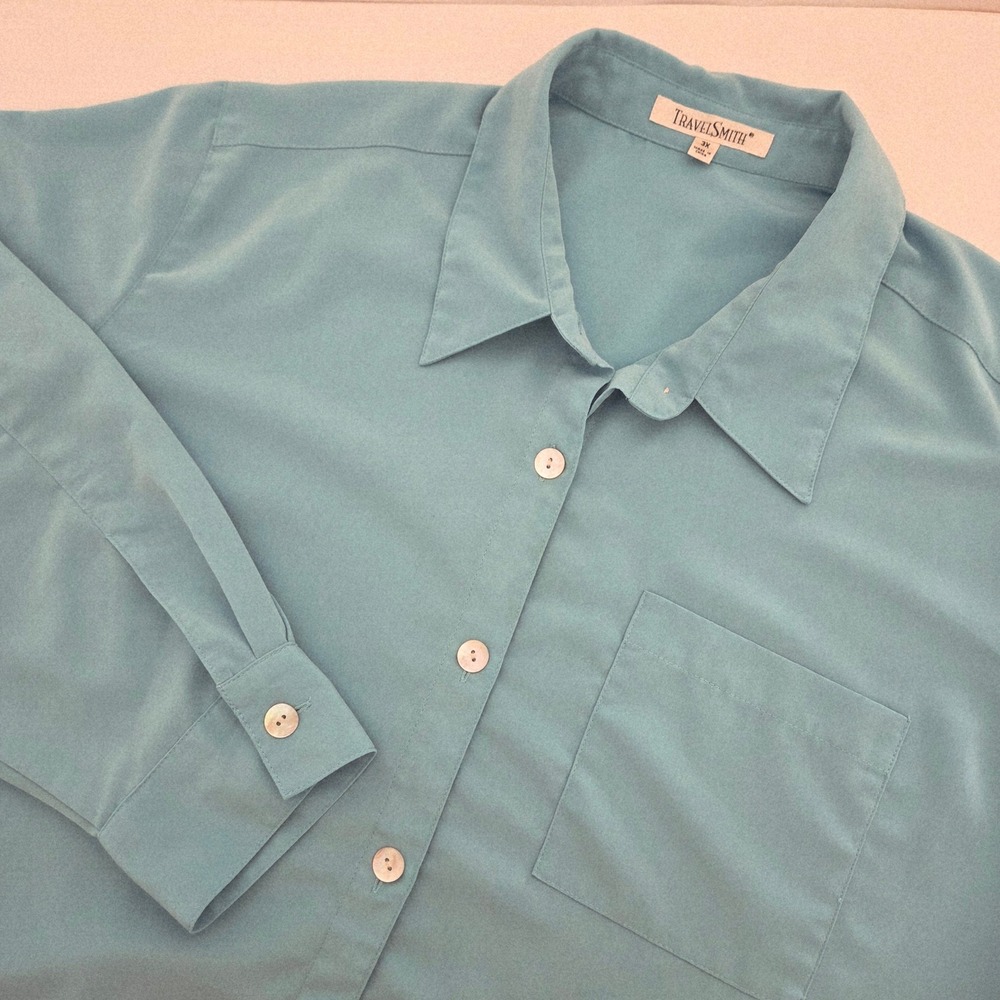 TravelSmith Button Down Shirt Teal Blue Long Sleeve Pocket Womens 3X
